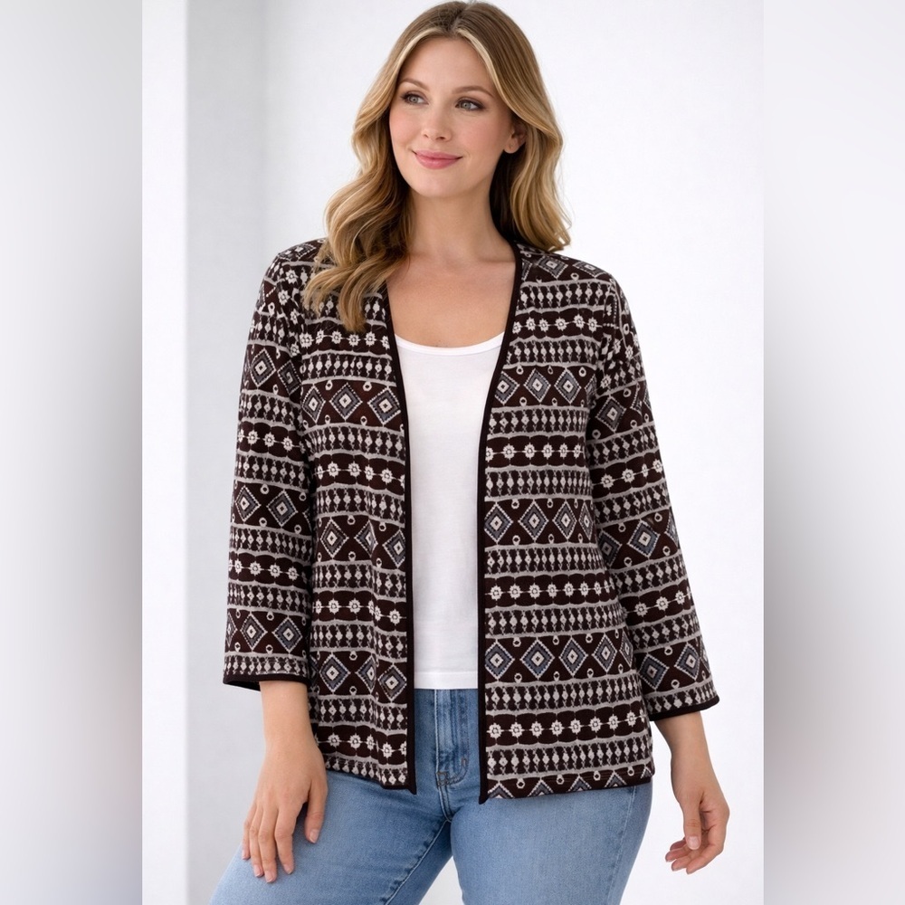 Chico’s Embroidered Brown Open Front Long Cardigan XL